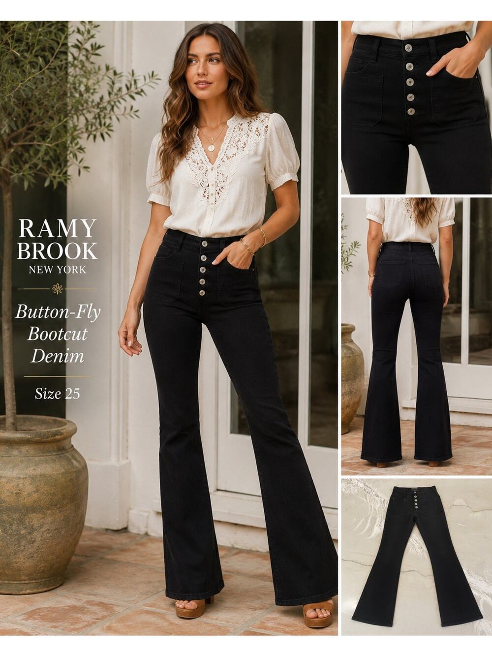 Ramy Brook Black Button Fly Bootcut Western Chic 70’s Inspired Jeans Denim